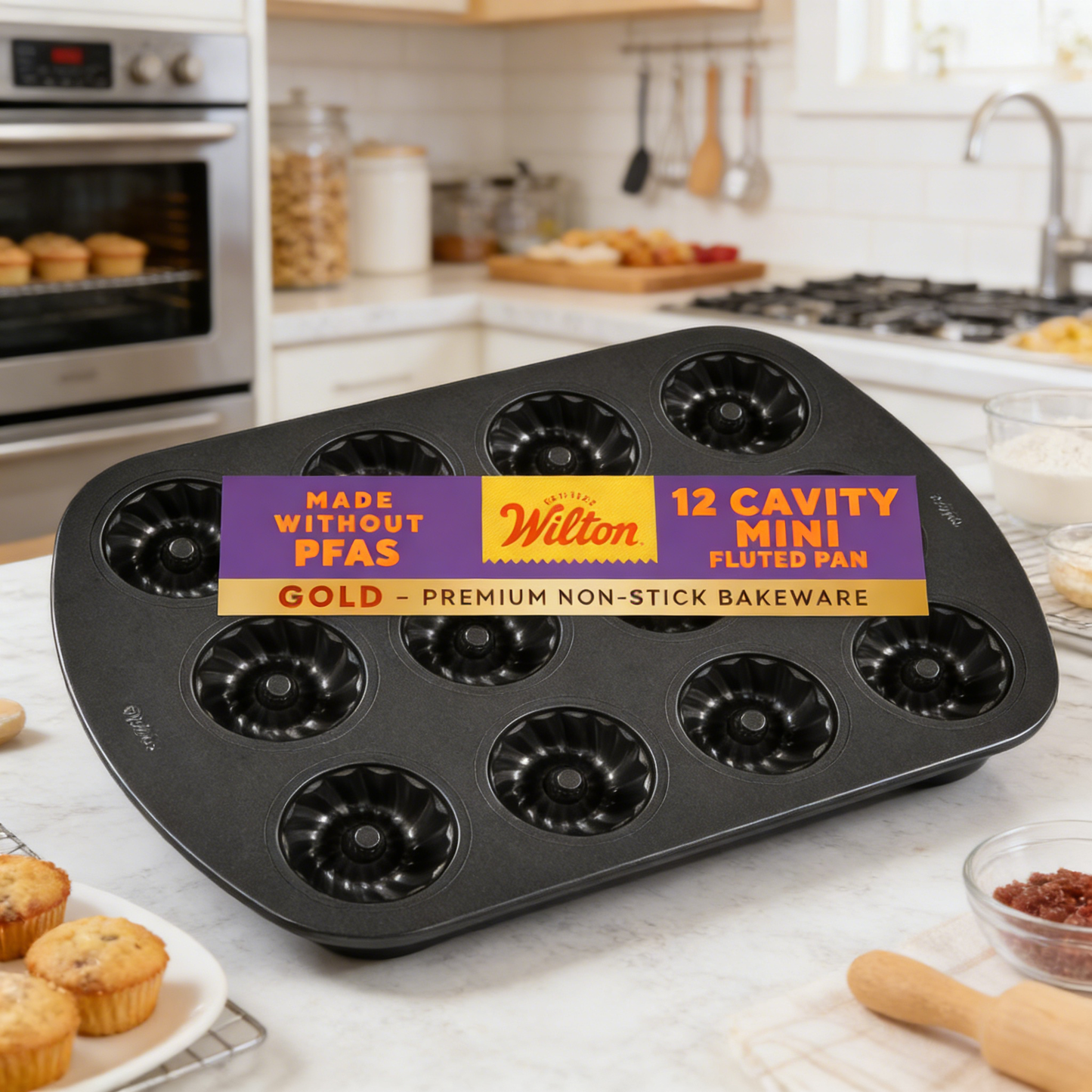 Gold Non-Stick 12-Cavity Mini Fluted Cake Pan, Stainless Steel Bakeware,