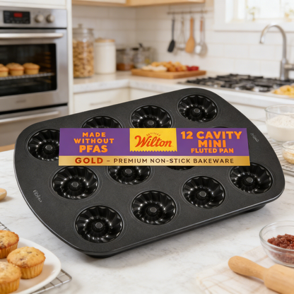 Gold Non-Stick 12-Cavity Mini Fluted Cake Pan, Stainless Steel Bakeware,