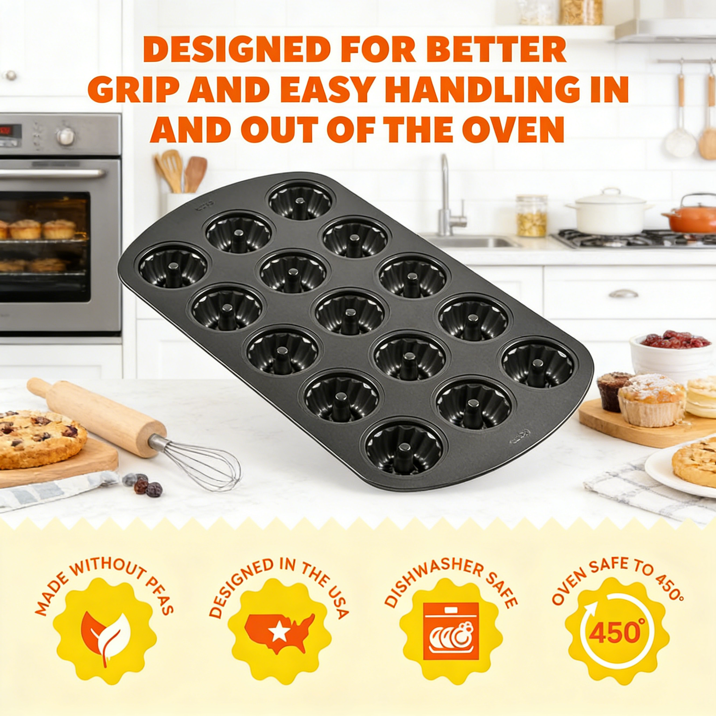 Gold Non-Stick 12-Cavity Mini Fluted Cake Pan, Stainless Steel Bakeware,