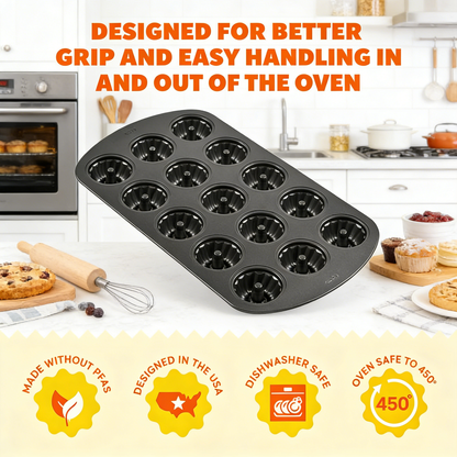 Gold Non-Stick 12-Cavity Mini Fluted Cake Pan, Stainless Steel Bakeware,