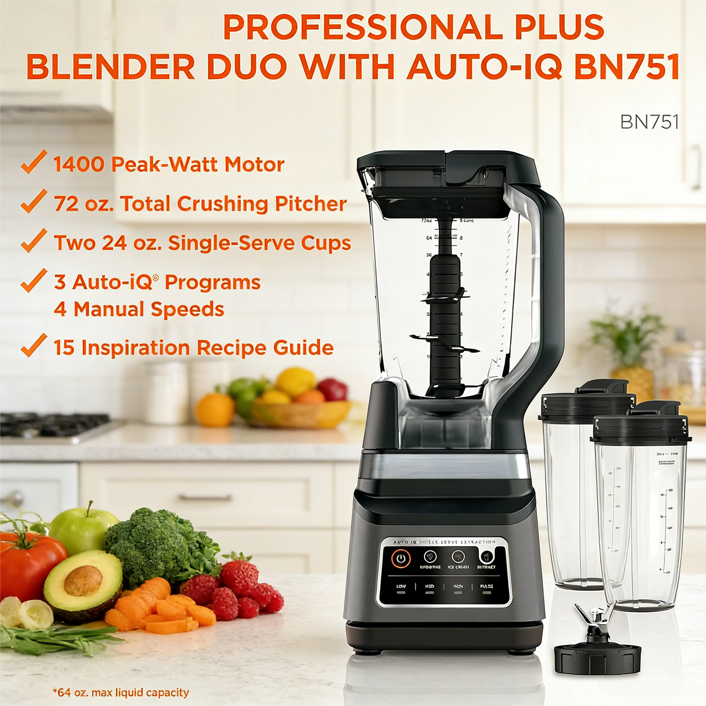 BN751 Professional Plus DUO Blender, 1400 Peak Watts, 3 Auto-IQ Programs for Smoothies