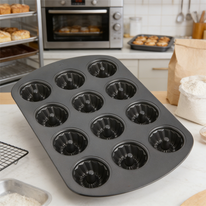 Gold Non-Stick 12-Cavity Mini Fluted Cake Pan, Stainless Steel Bakeware,